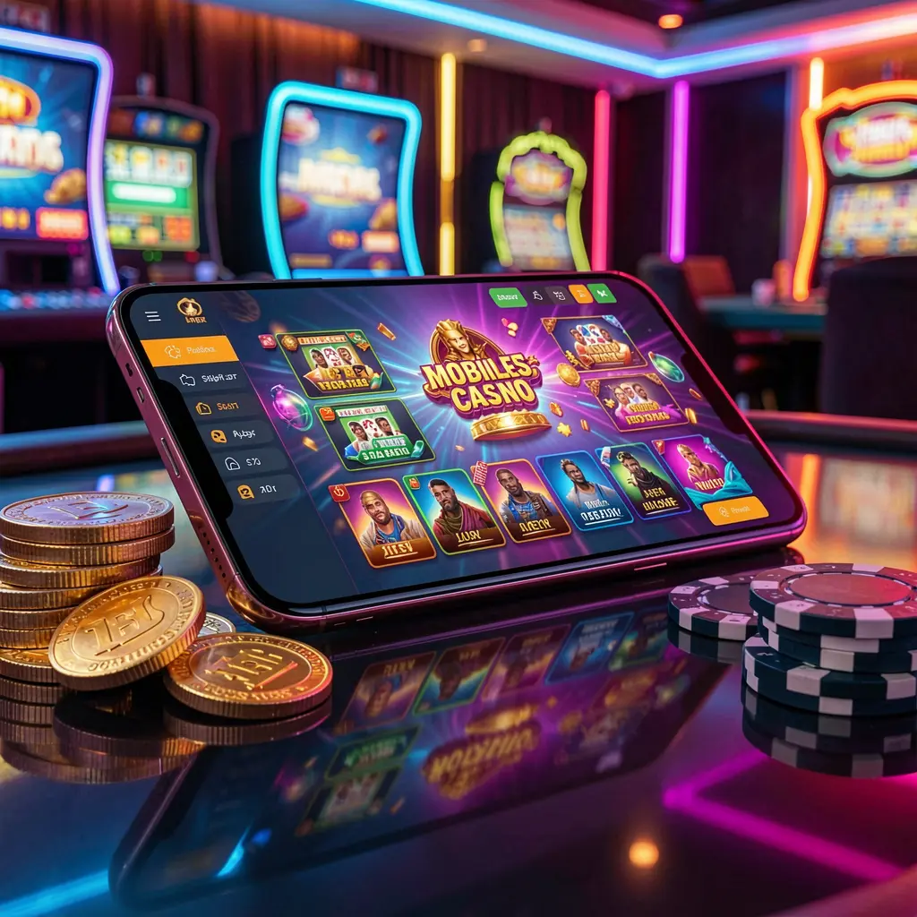 jl3377 mobile casino dashboard on smartphone displaying colorful gaming interface with golden coins and poker chips on glossy table under elegant neon lighting