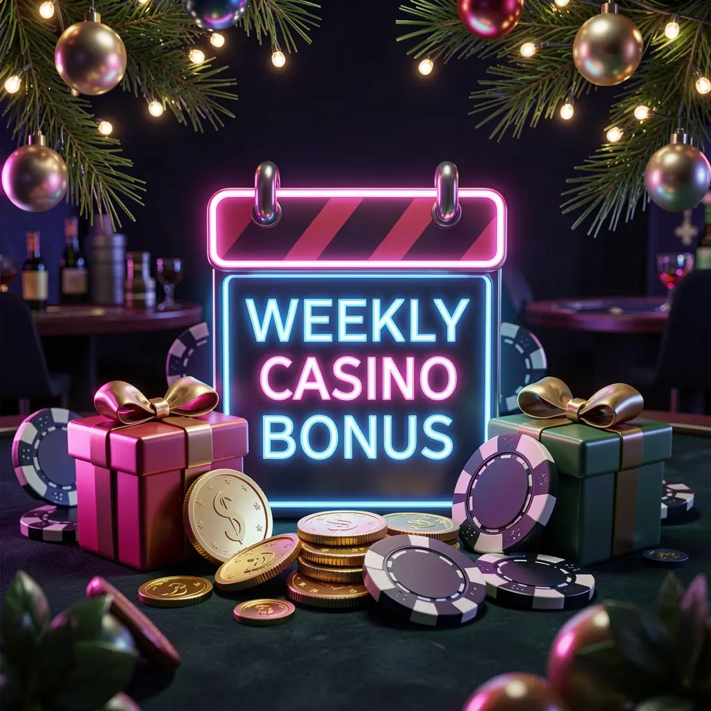 jl3377 weekly casino bonus concept featuring a calendar icon, gift boxes, coins, and chips with a festive dark background and neon glow in premium 3D style