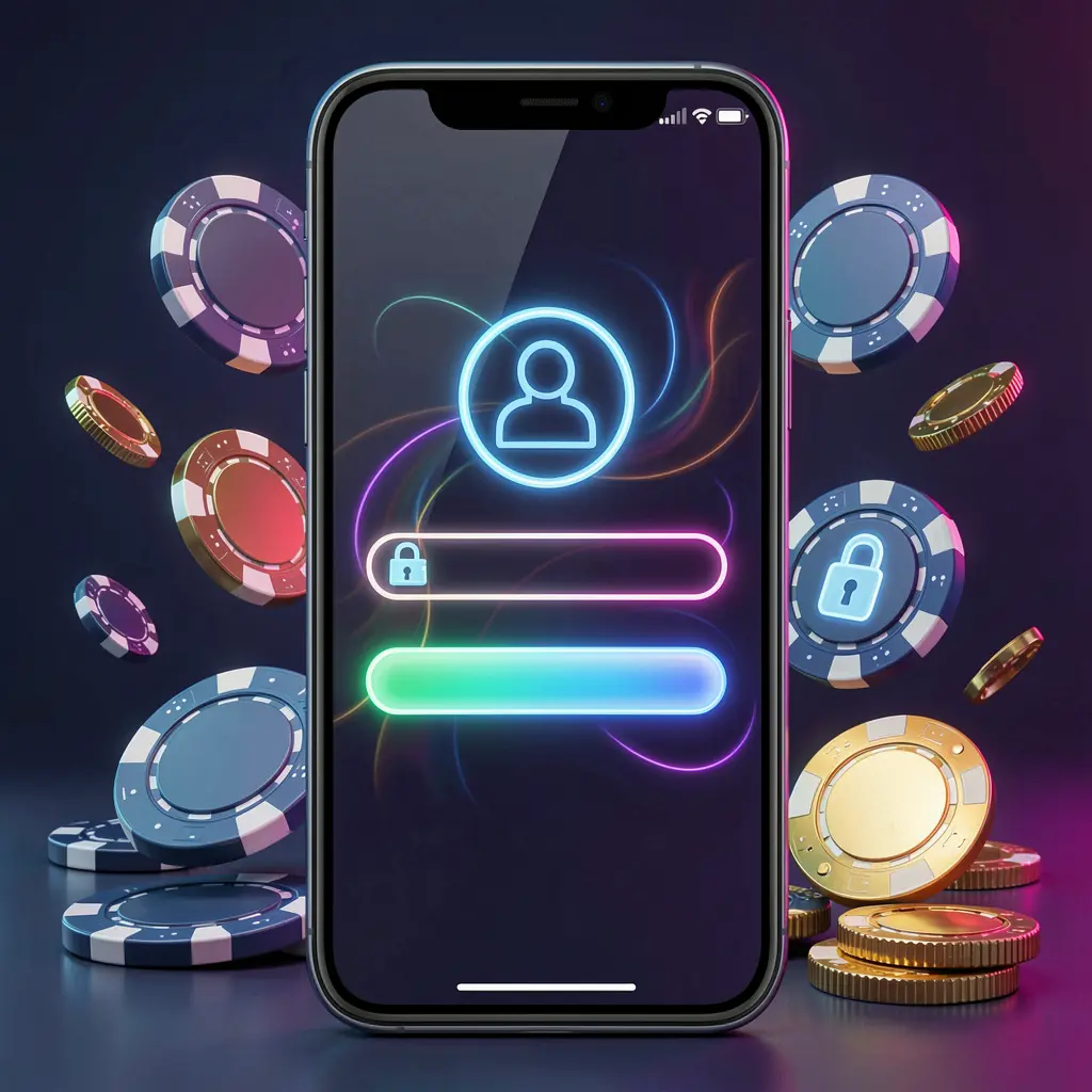 jl3377 mobile gaming login page concept on smartphone with abstract user and lock icons, surrounded by casino chips and coins under luxury neon lighting