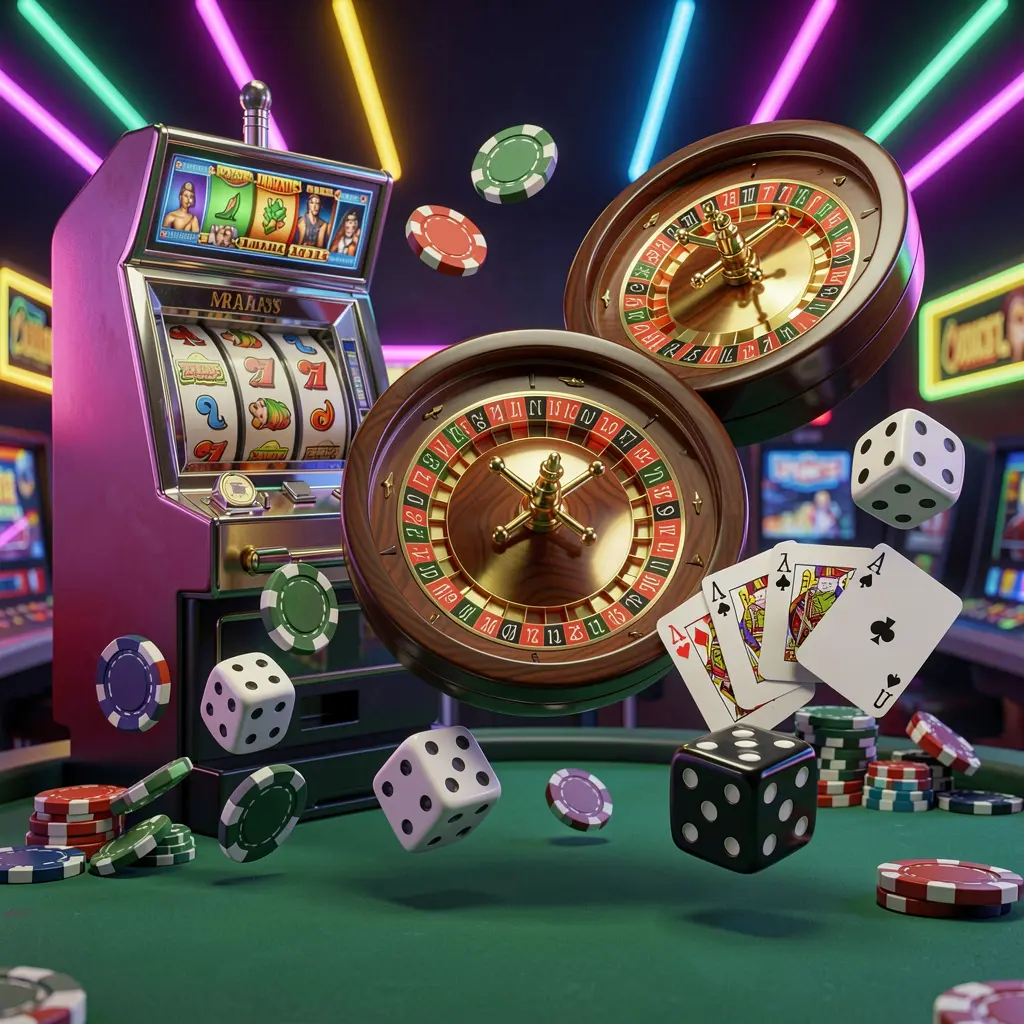 jl3377 casino games collection homepage visual featuring a slot machine, roulette wheel, dice, playing cards, and poker chips floating together with colorful neon lights in a premium 3D render